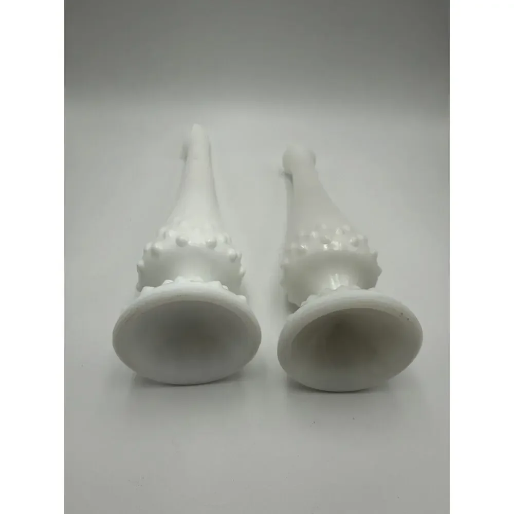 Vintage Set of 2 Fenton Bud Vases White Milk Glass Hobnail Footed Swung